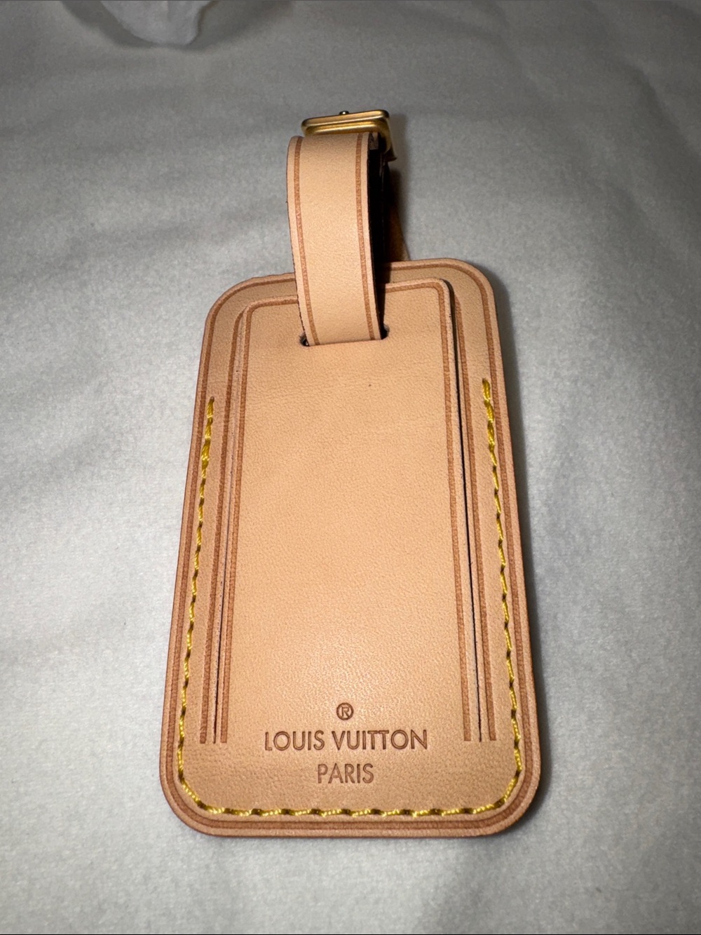 Louis Vuitton Beige Leather Luggage Tag with Yellow Stitching